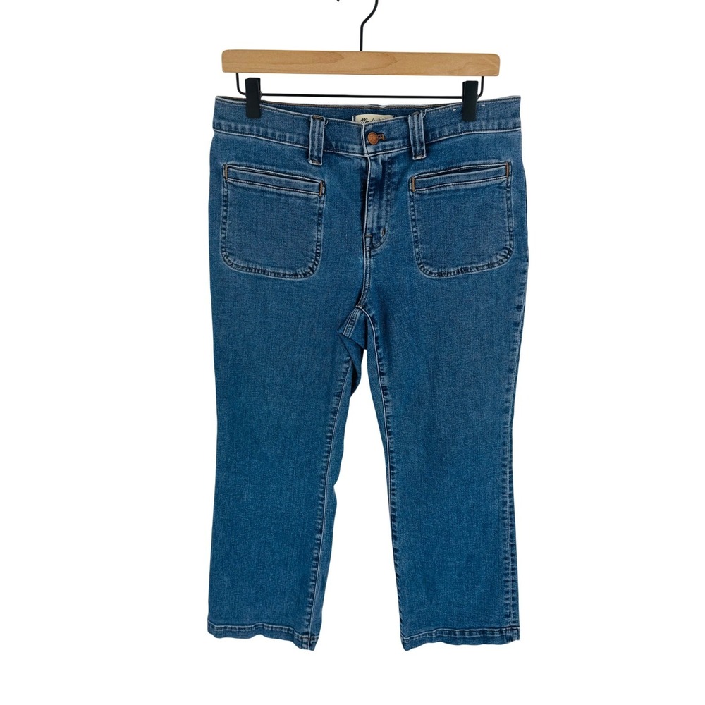 Madewell Mid-Rise Kick Out Jeans Medium Wash Blue Denim 30P Petite Patch Pockets
